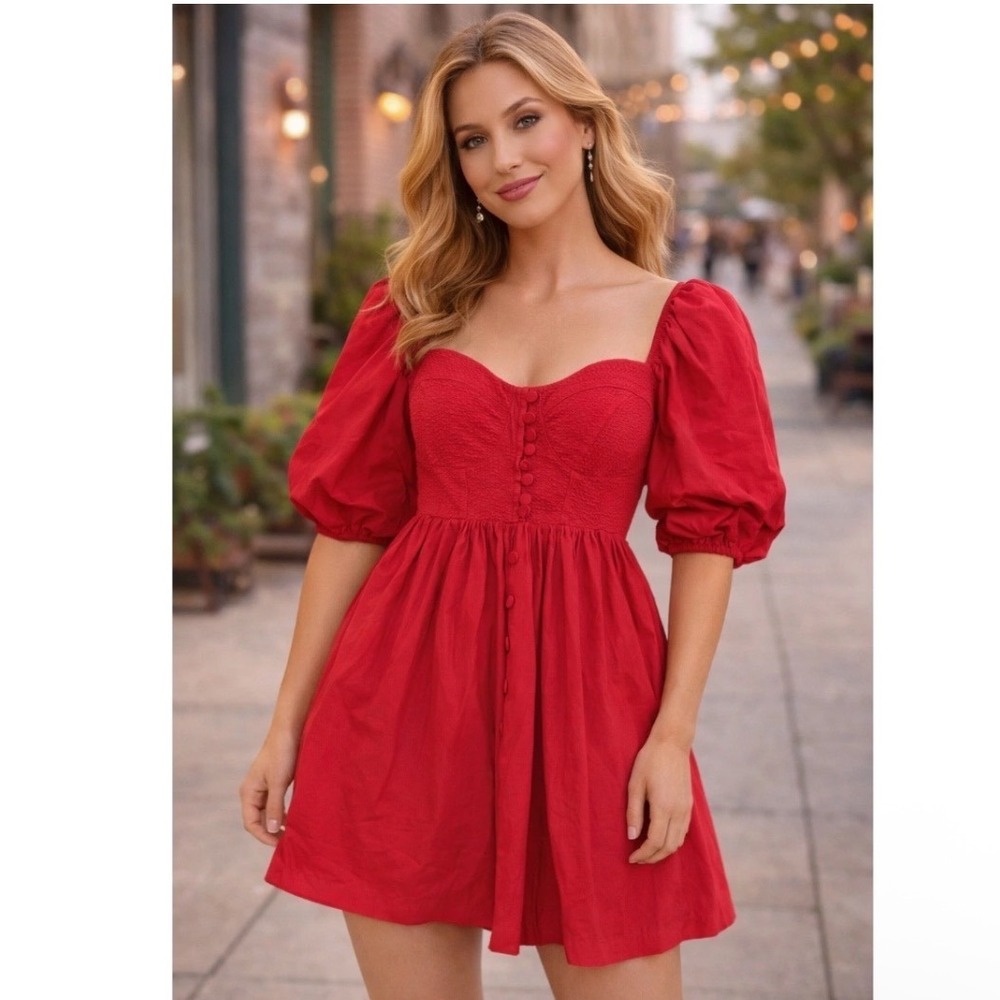 Maeve Anthropologie Red Puff Sleeve Button Front Mini Dress Sweetheart Neck S